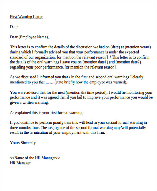 First Warning Letter Templates 10 Free Samples Examples Format First Warning Letter Templates 10 Free Samples Examples Format