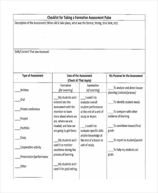 formative assessment checklist