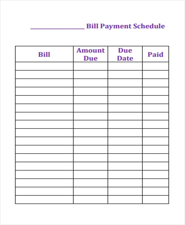 6+ Bill Payment Schedule Templates Free Samples, Examples Format
