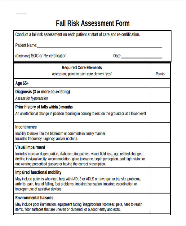 free fall risk assessment form