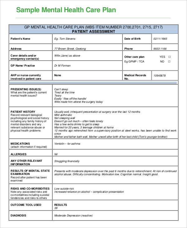 Mental Health Care Plan Template - 9+ Free Sample, Example ...