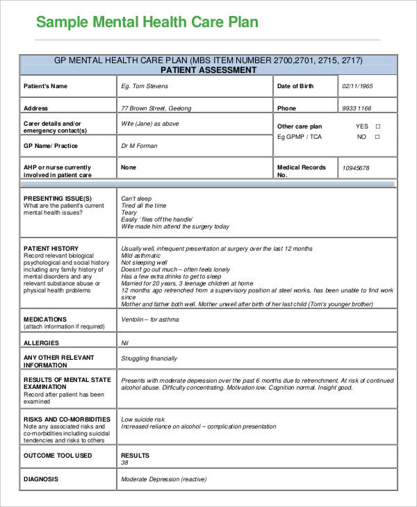 Mental Health Care Plan Template 9+ Free Sample, Example, Format Download