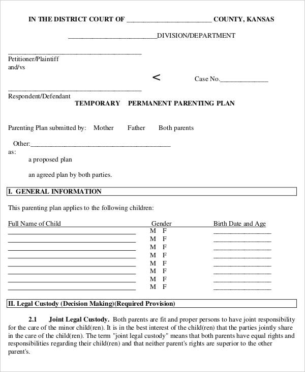 9 Parenting Plan Templates Free Sample Example Format Download