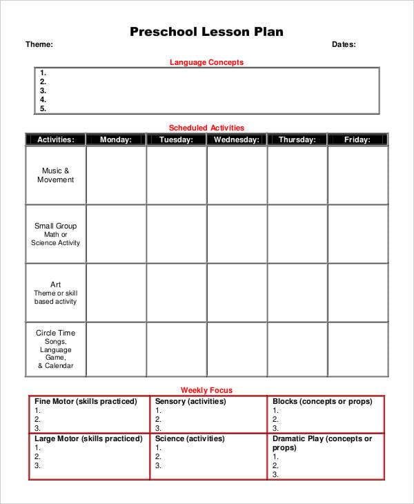 11 printable preschool lesson plan templates free pdf word format