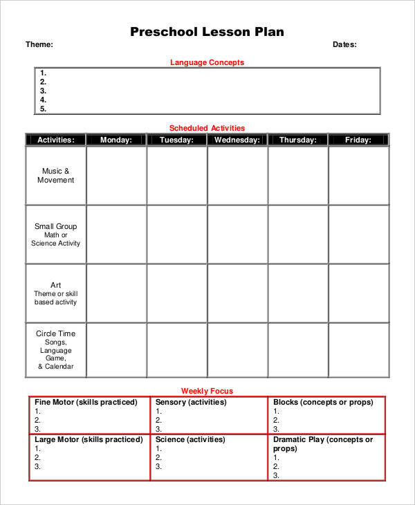 11+ Printable Preschool Lesson Plan Templates -Free PDF, Word Format ...