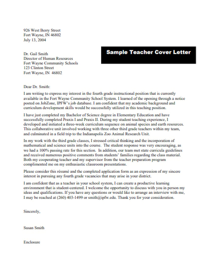 fresher teacher cover letter