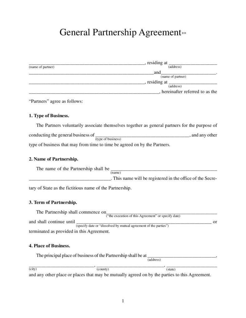 general partnership agreement template download page 001 788x1020