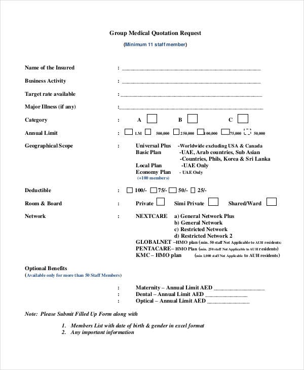 group medical quotation request form