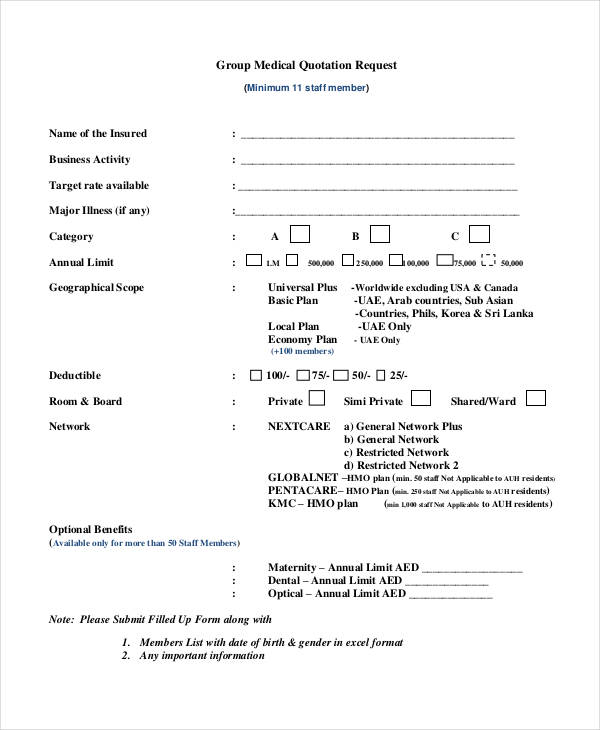 group medical quotation request form