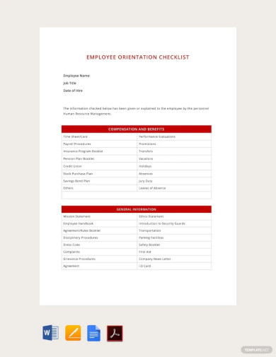 hr employee orientation checklist template