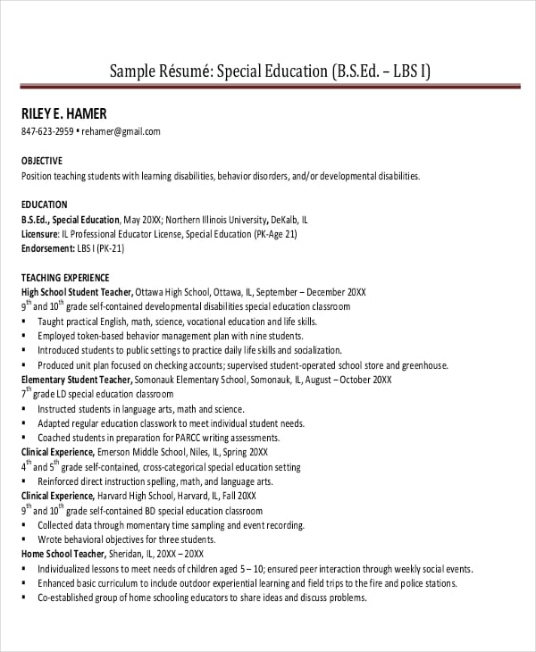 high school special education resume
