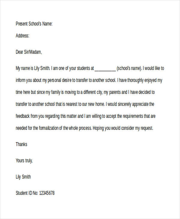 elementary school transfer request letter
