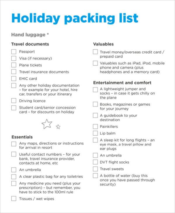 holiday packing checklist
