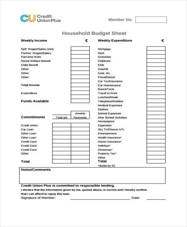 household budget sheet