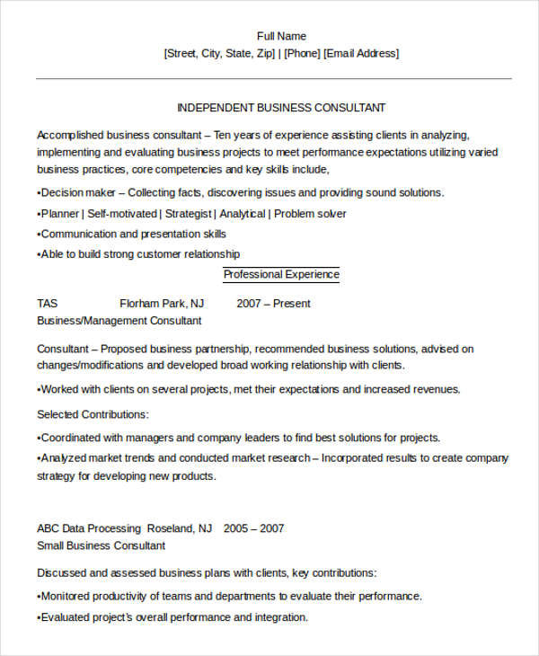 independent business consultant resume