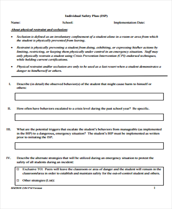 Printable Safety Plan Template For Students Printable Templates