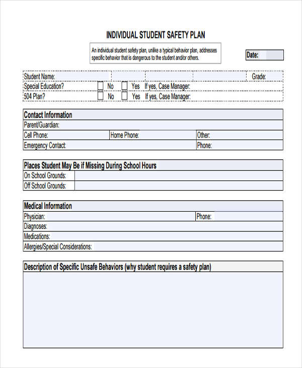 Safety Plan Template For Students