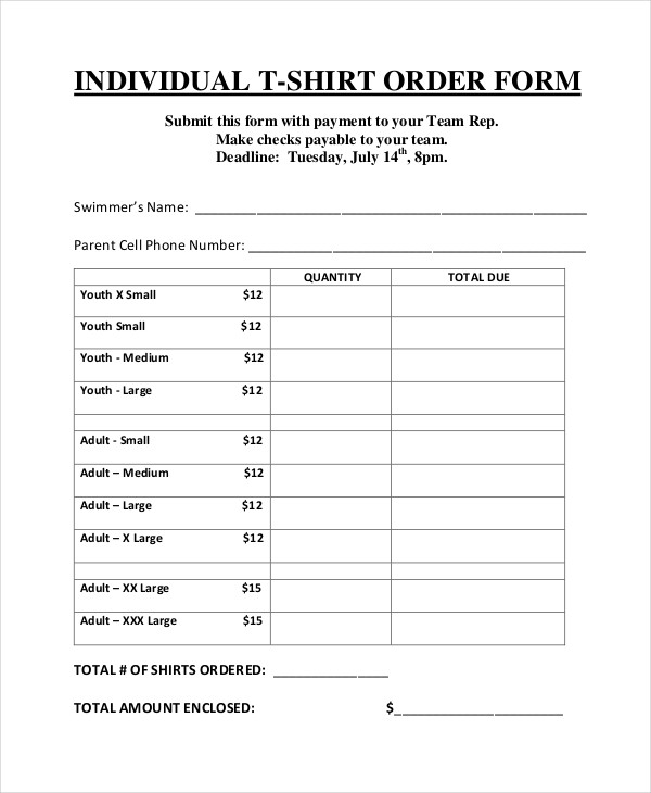 Printable Tshirt Order Forms - Printable Templates