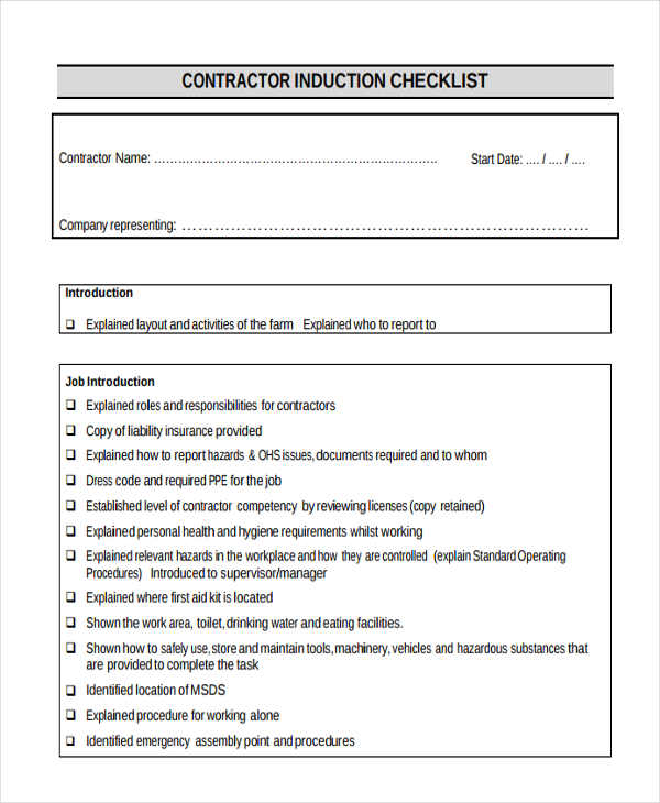 induction checklist for contractor