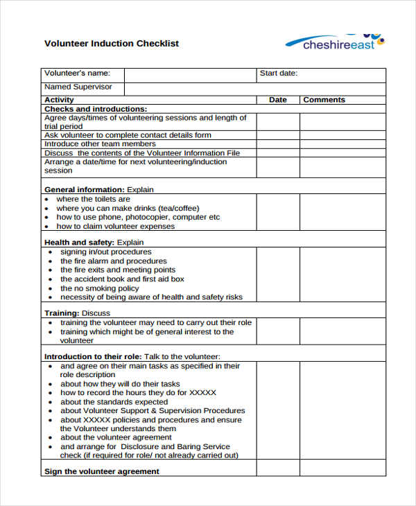 induction checklist of volunteer