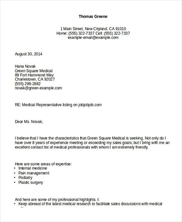 medical representative job application letter