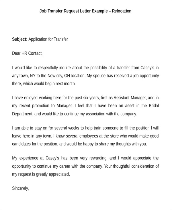 job location transfer letter