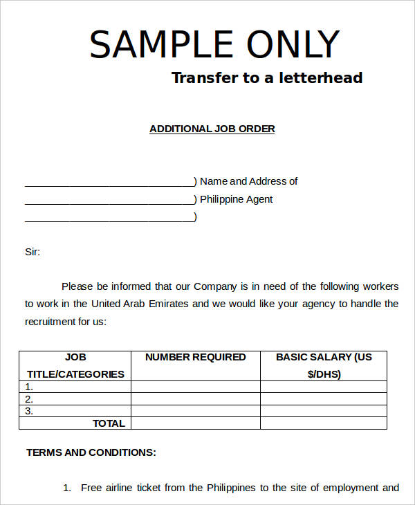 contract employment pdf philippines Forms Example 9 Free  Job  Order  Download Sample, Format