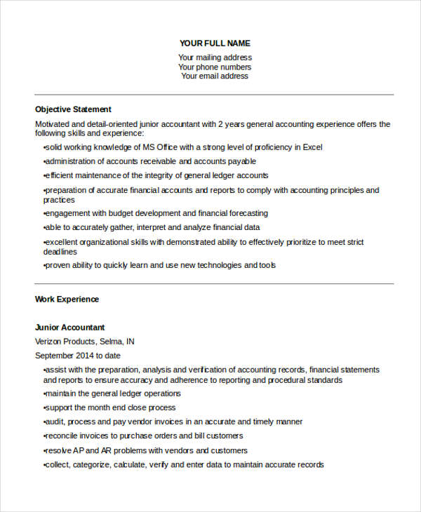 Resume Objective Examples For Accountant