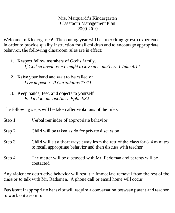 kindergarten classroom management plan