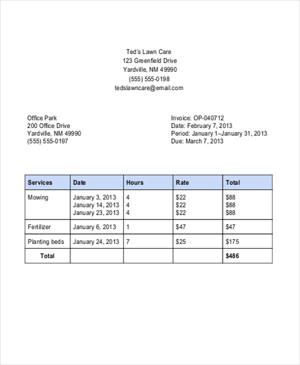 lawn care invoice sample