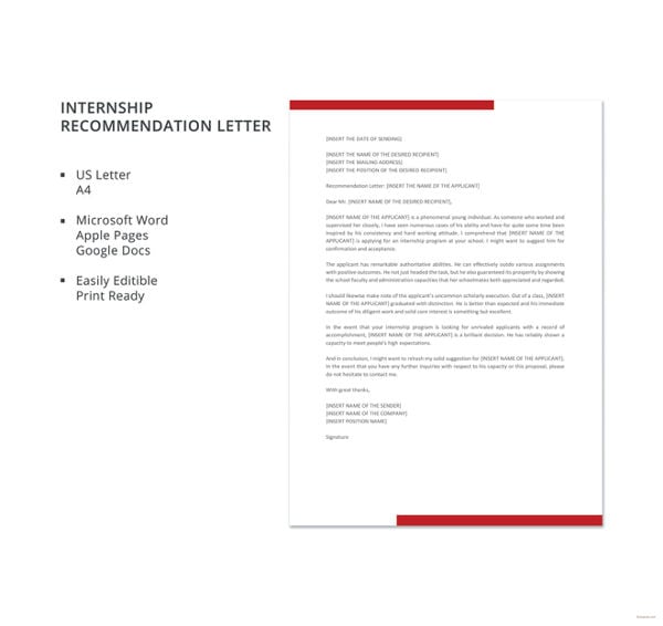 letter of recommendation for internship template