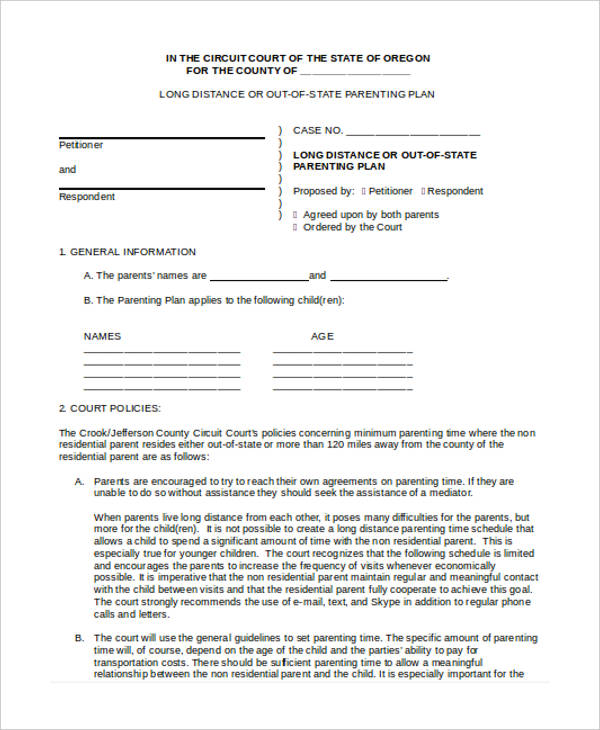 Parallel Parenting Plan Template