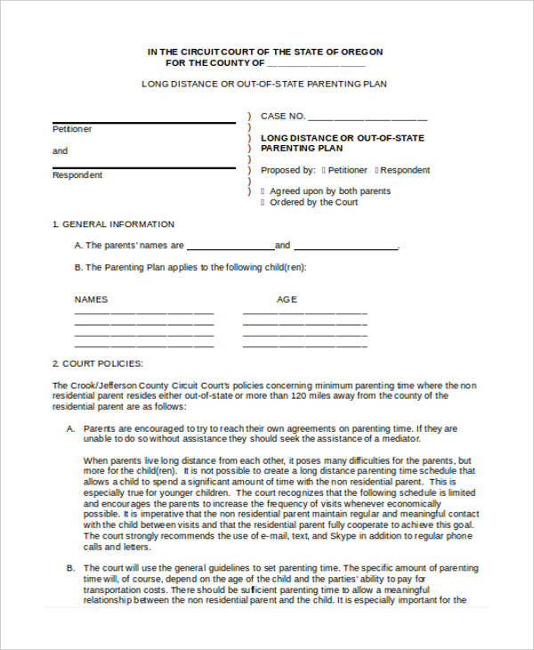 9 Parenting Plan Templates Free Sample Example Format Download