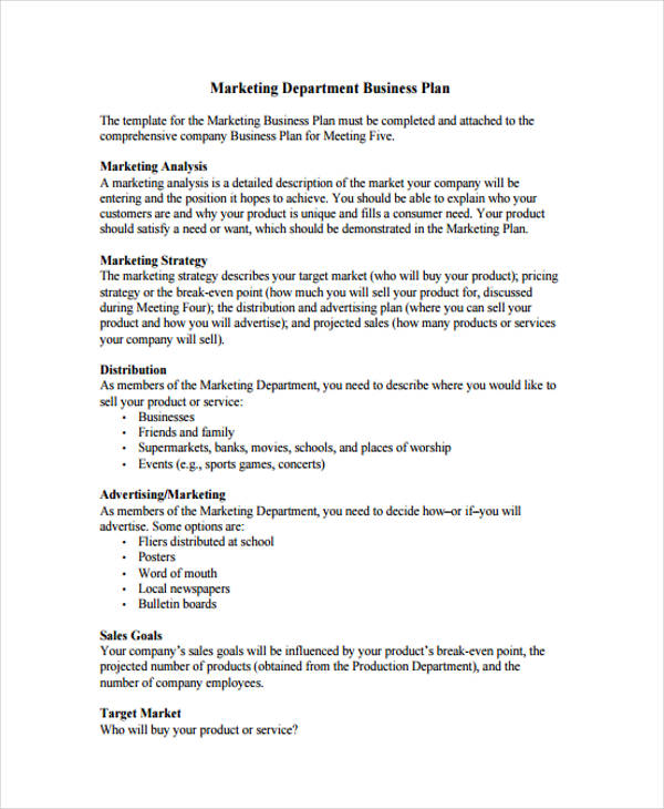 marketing department business plan