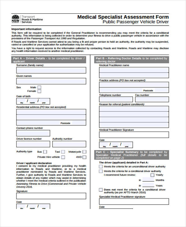 medical assessment specialist form