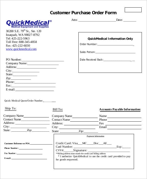 medical customer purchase order