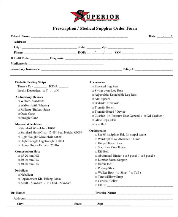 medical supply order form