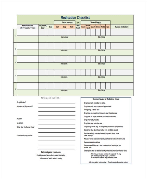 medication checklist sample