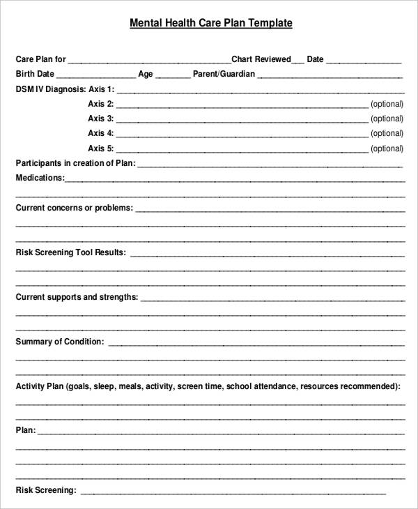 Mental Health Care Plan Template 9 Free Sample Example Format Download