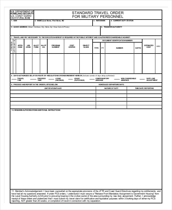 military travel order form