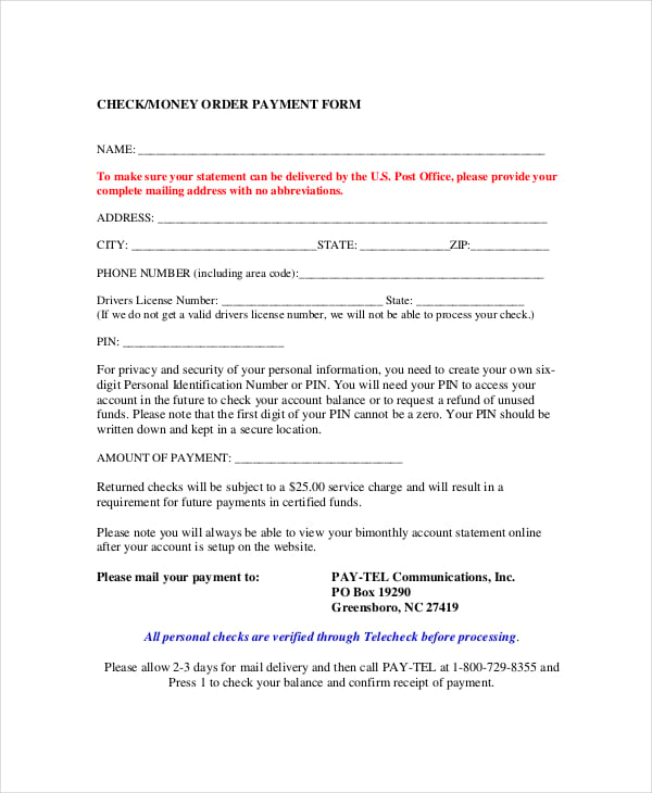 money order payment form
