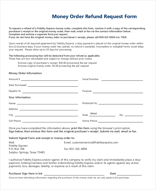 money order refund form