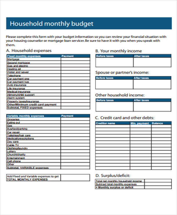monthly budget for home