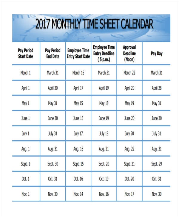 monthly calendar timesheet