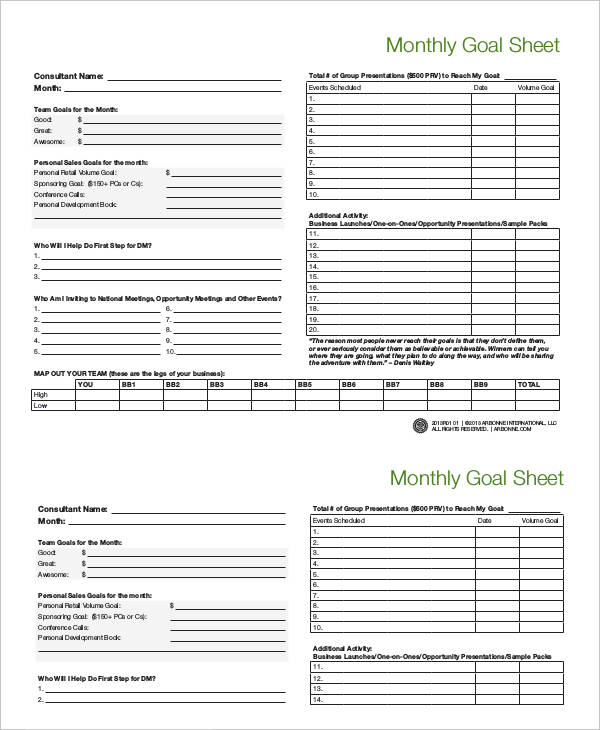 monthly goal sheet