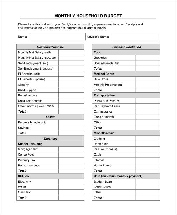 12 month household budget template