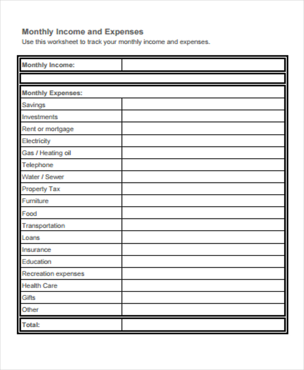 free monthly income and expense worksheet template