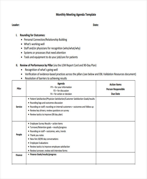 monthly meeting agenda template