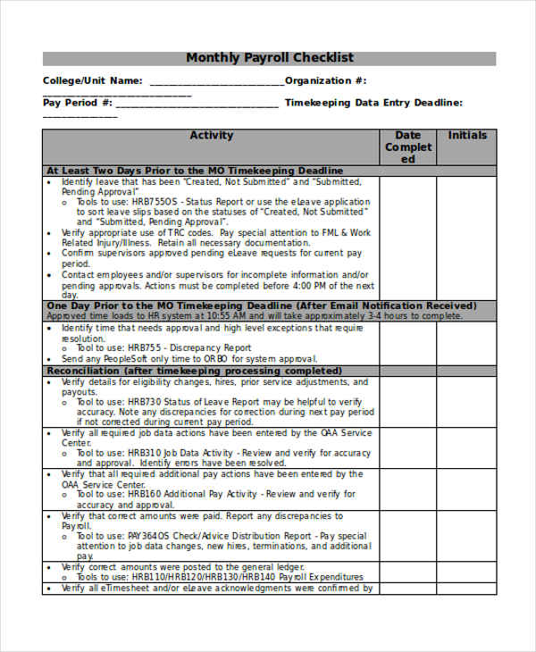 Payroll Checklist Template Excel 24 Checklist Templates In Word Experisets 4324