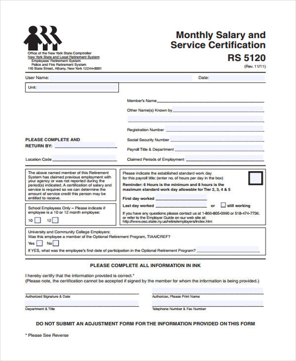 monthly service salary certificate
